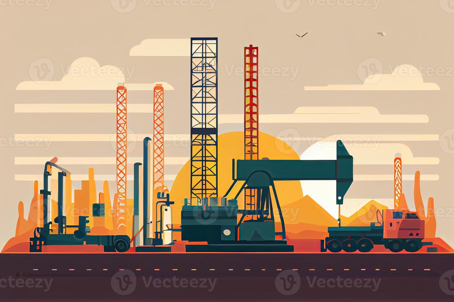 illustration Oil and Gas plant with shipping loading dock at twilight.Processing Oil Product Building of Chemical Petroleum Factory, Heavy Industrial Sector. photo