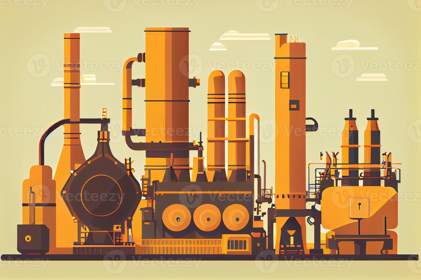 illustration Oil and Gas plant with shipping loading dock at twilight.Processing Oil Product Building of Chemical Petroleum Factory, Heavy Industrial Sector. photo