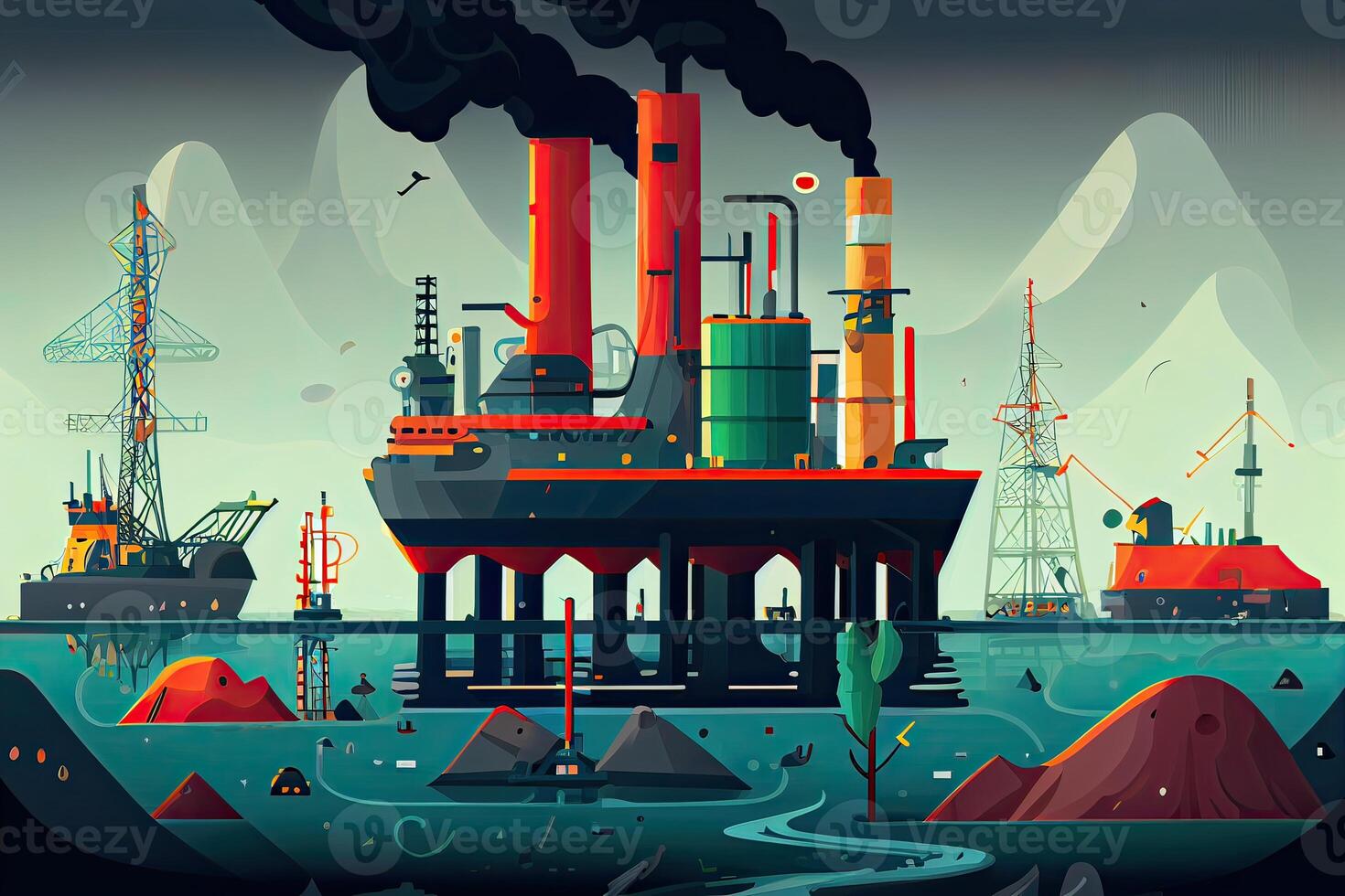 illustration Oil and Gas plant with shipping loading dock at twilight.Processing Oil Product Building of Chemical Petroleum Factory, Heavy Industrial Sector. photo