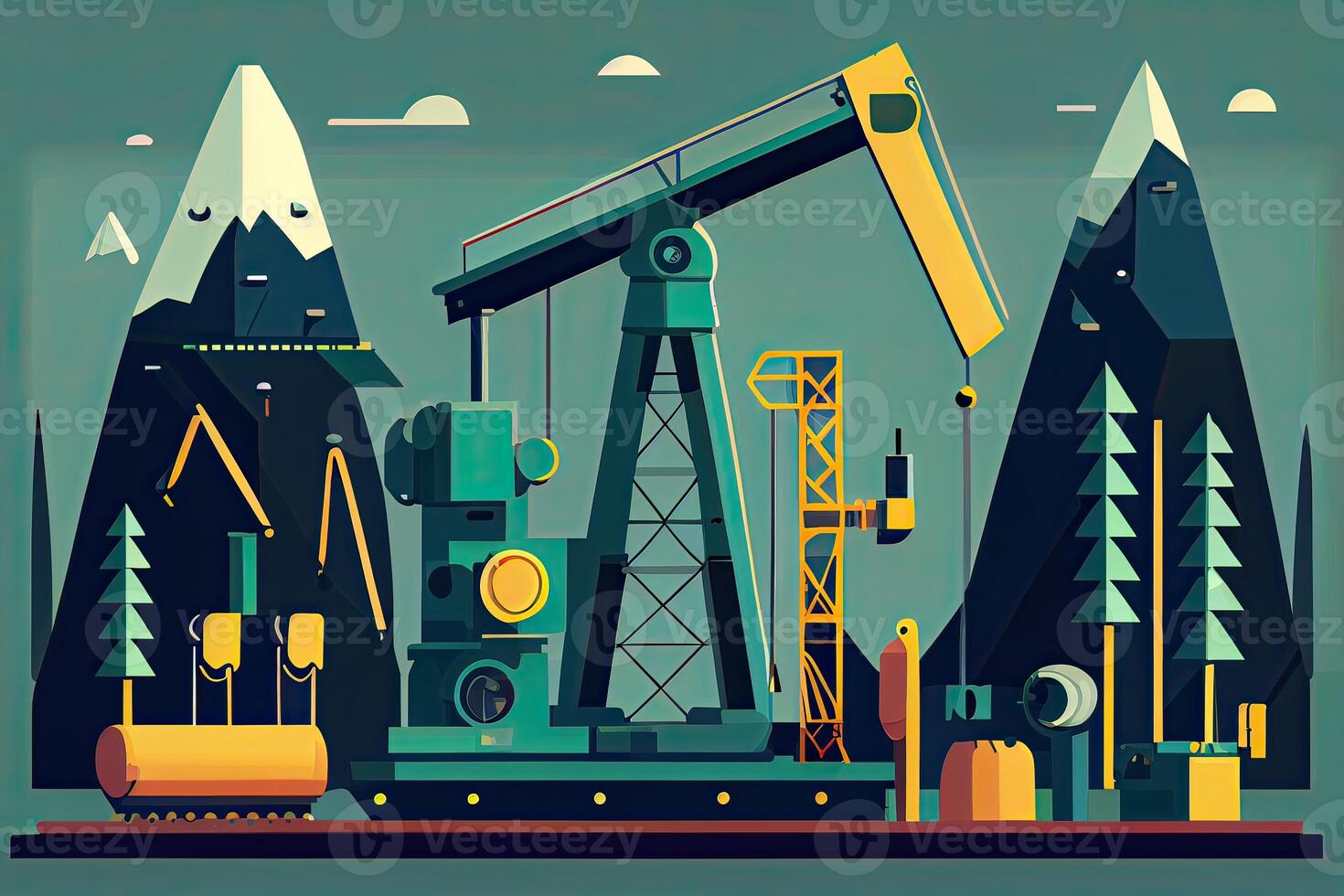 illustration Oil and Gas plant with shipping loading dock at twilight.Processing Oil Product Building of Chemical Petroleum Factory, Heavy Industrial Sector. photo