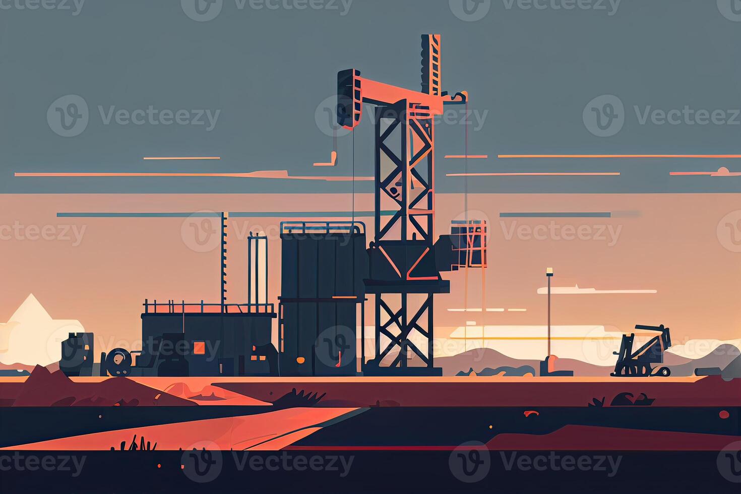 illustration Oil and Gas plant with shipping loading dock at twilight.Processing Oil Product Building of Chemical Petroleum Factory, Heavy Industrial Sector. photo