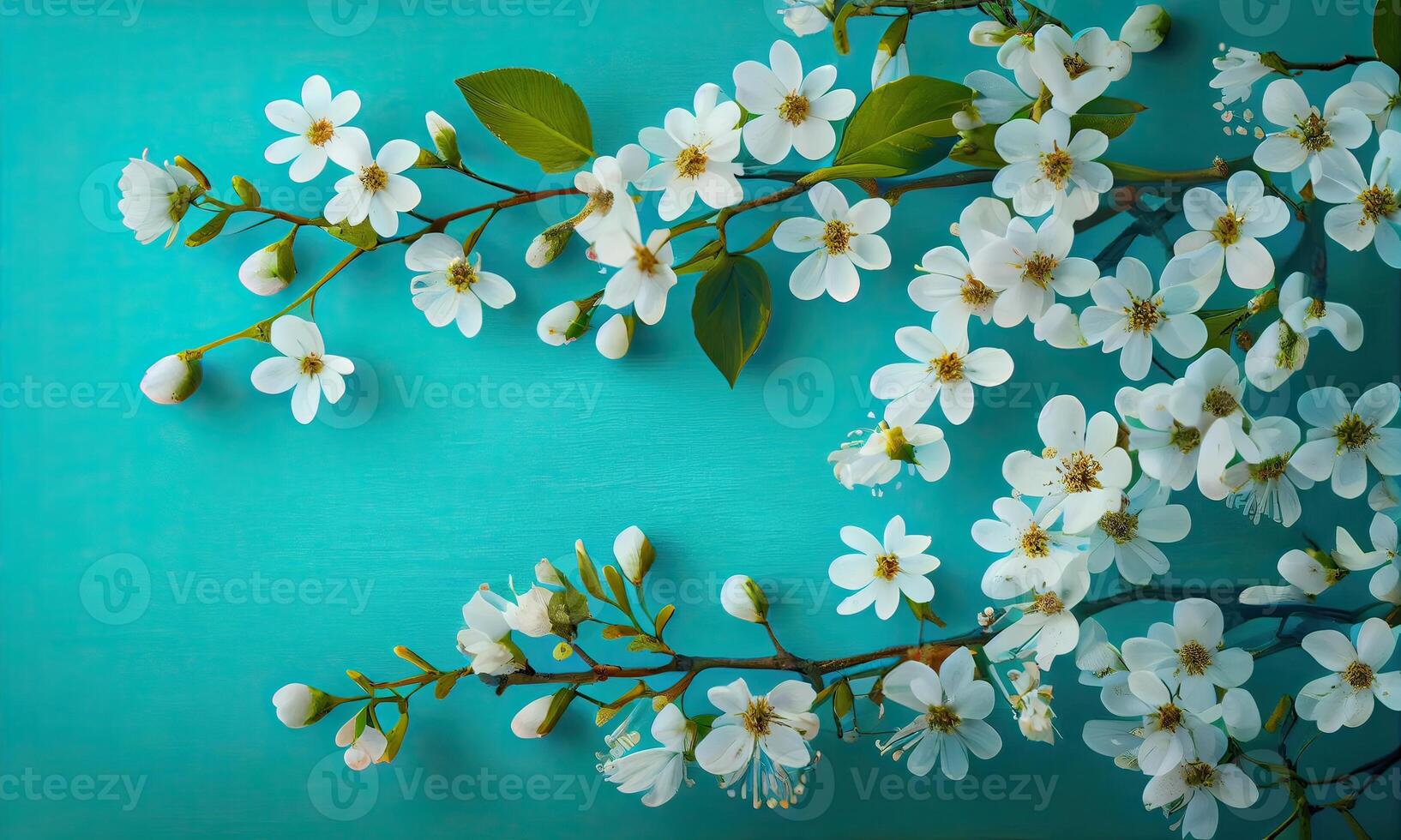 soñador Cereza flores como un natural Bordear azul antecedentes. Cereza flores en pequeño racimos en un Cereza árbol rama en azul antecedentes con espacio de copia. generativo ai foto