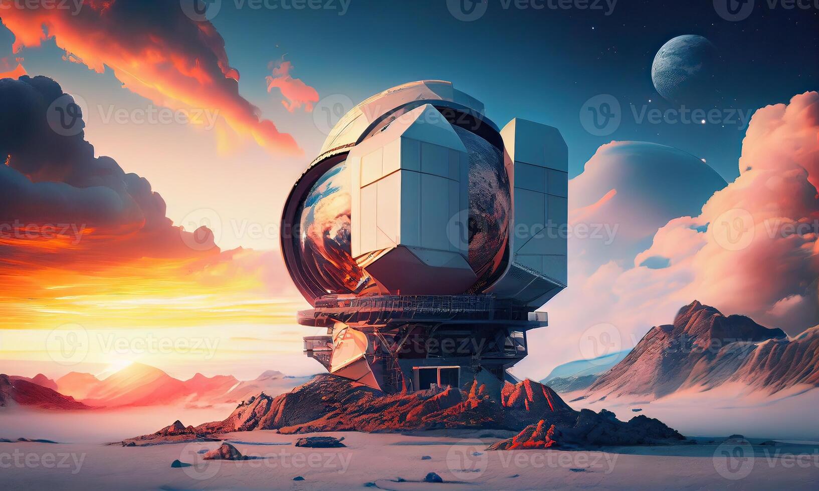 Illustration of Observatory dome and satellite dish for broadcast communication. Explore and observe galaxy and space technologies. . photo
