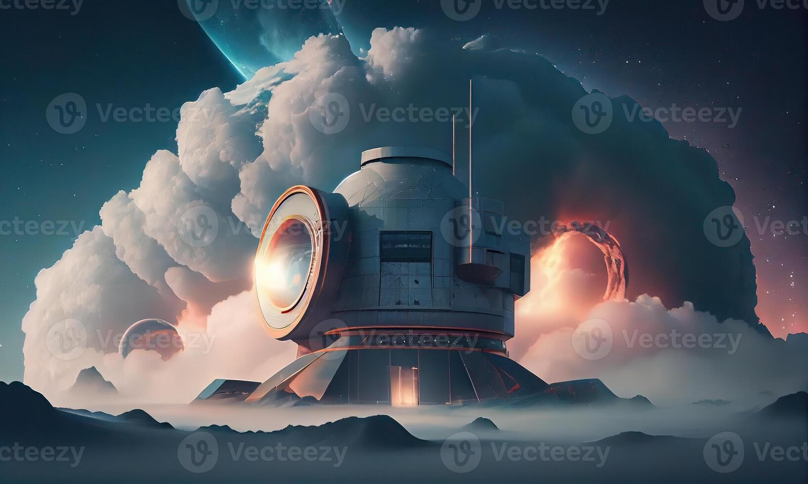 Illustration of Observatory dome and satellite dish for broadcast communication. Explore and observe galaxy and space technologies. . photo