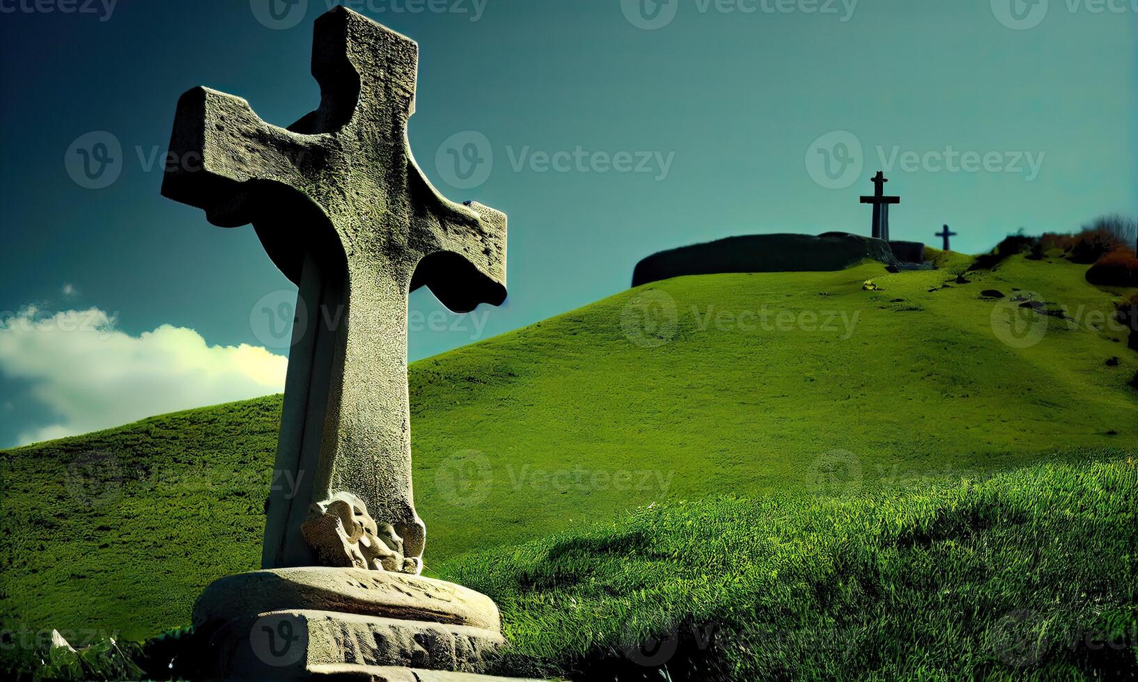 cross in morning green field. Christian cross of Jesus Christ on a field. . photo