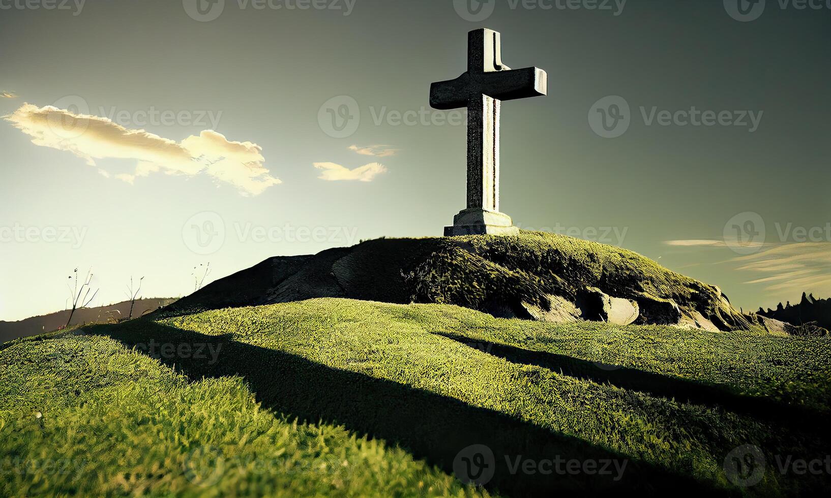 cross in morning green field. Christian cross of Jesus Christ on a field. . photo