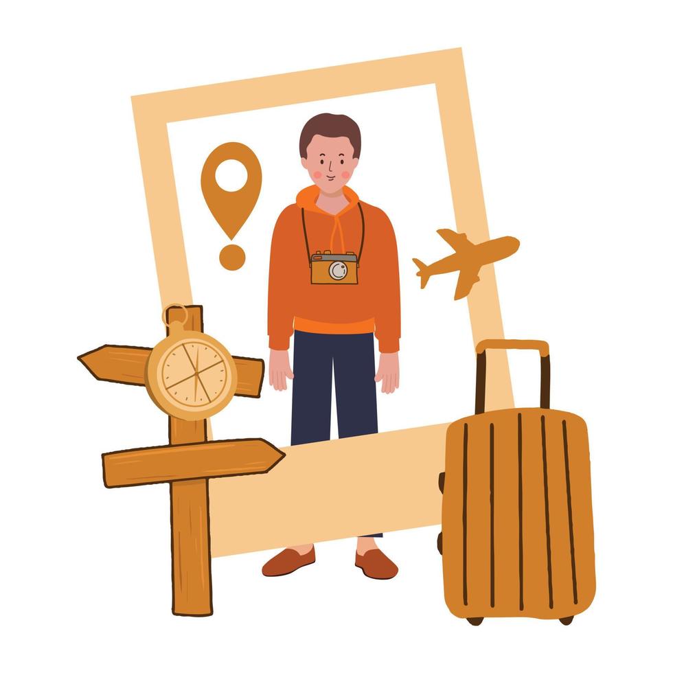 Man Cartoon Character Travel bring Camera vector