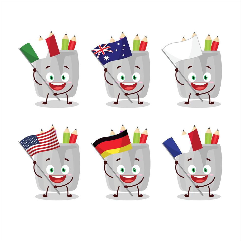 Glass of pencil cartoon character bring the flags of various countries vector