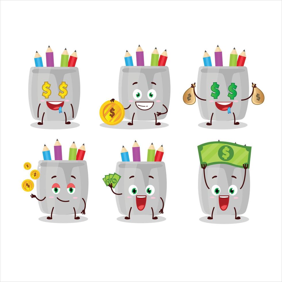 Glass of pencil cartoon character with cute emoticon bring money vector