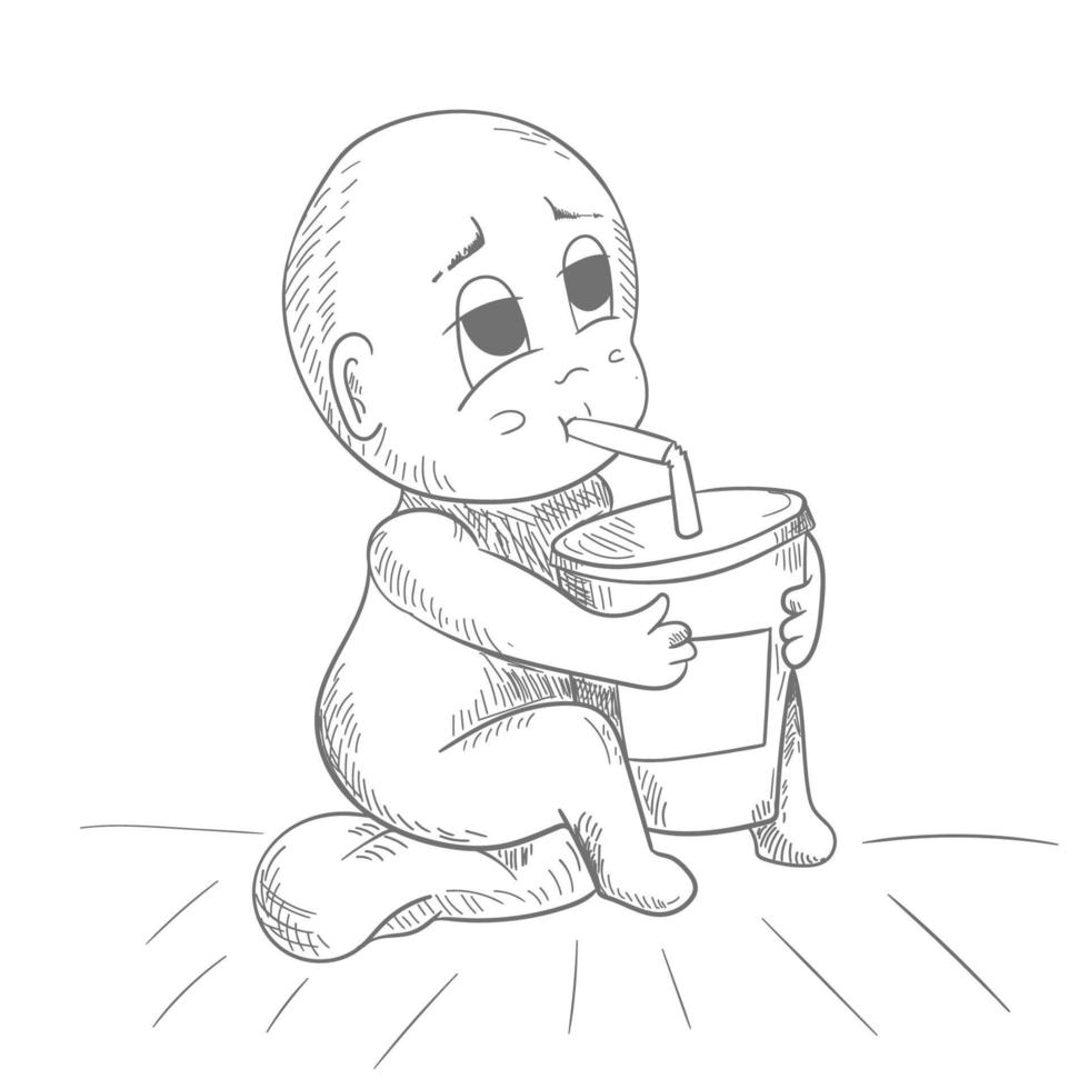Little funny man Chibi sitting drinking juice from a glass through a straw contour vector illustration