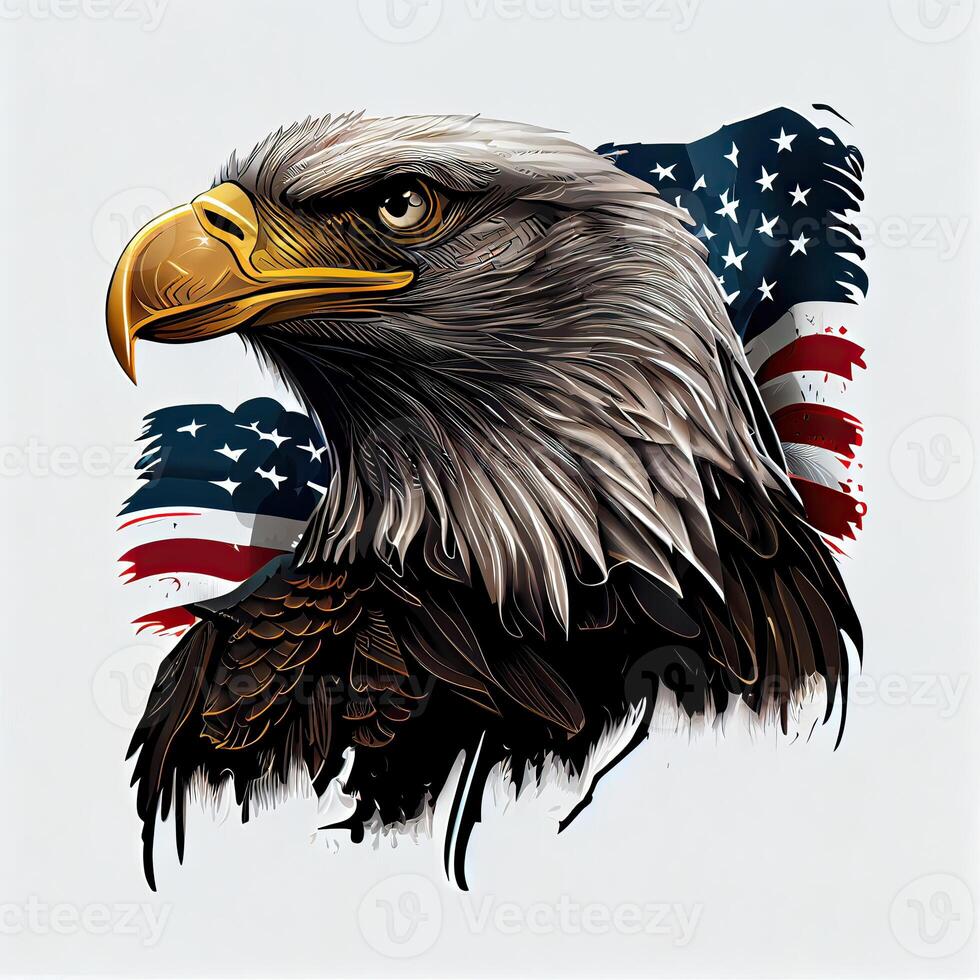 eagle and USA flag national poster. American Bald Eagle - a symbol of America with flag. Bald eagle on american flag background created. photo