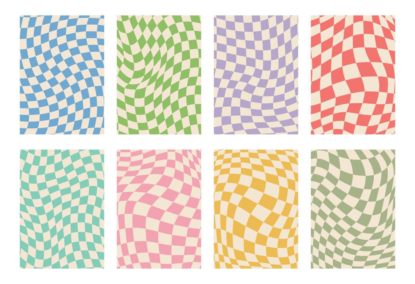 Retro set of groovy wavy psychedelic checkerboard in pale pastel colors, A4. Y2K, phone case background from the 90s. Hippie chessboard template. Psychedelic retro design from the 60s 70s. Gingham. vector