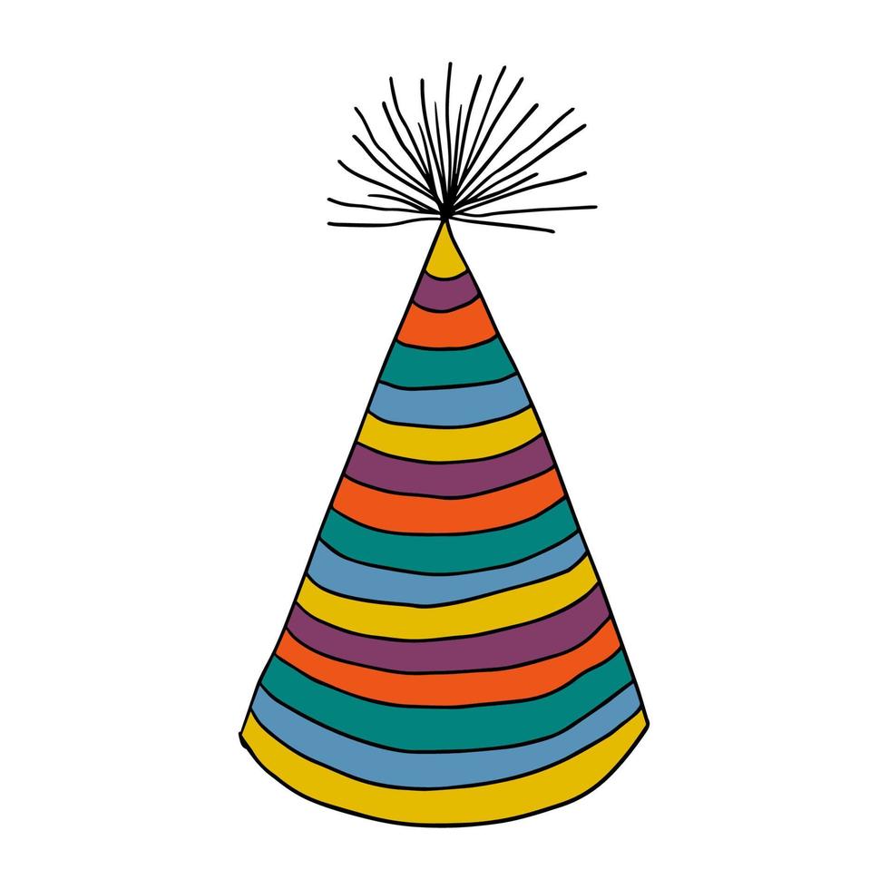 Cute doodle striped birthday party hat isolated on white background. vector