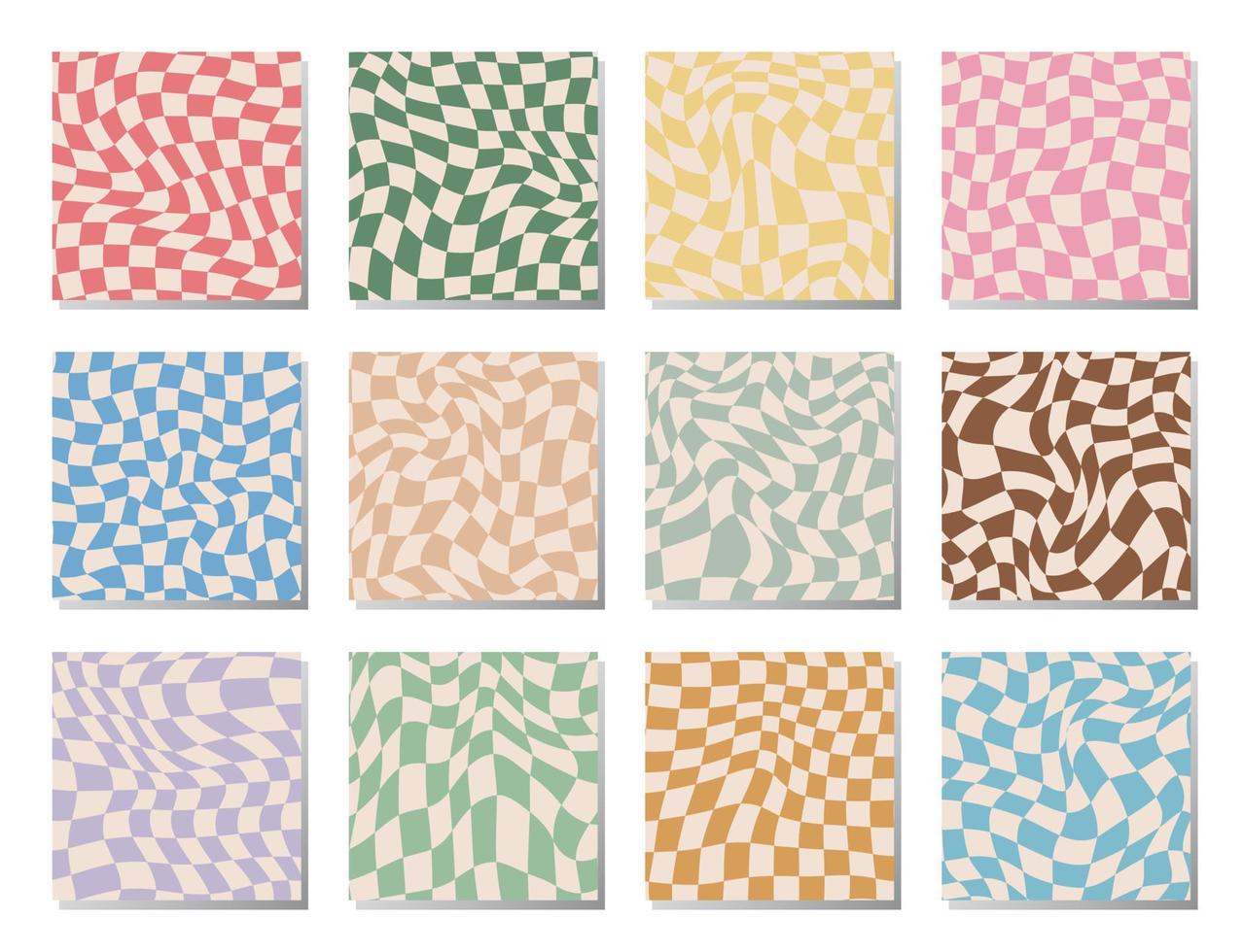 Set of retro groovy wavy psychedelic checkerboard in pale pastel colors, square. Y2K, phone case background from the 90s. Hippie chessboard template. Psychedelic retro design from the 60s 70s. vector