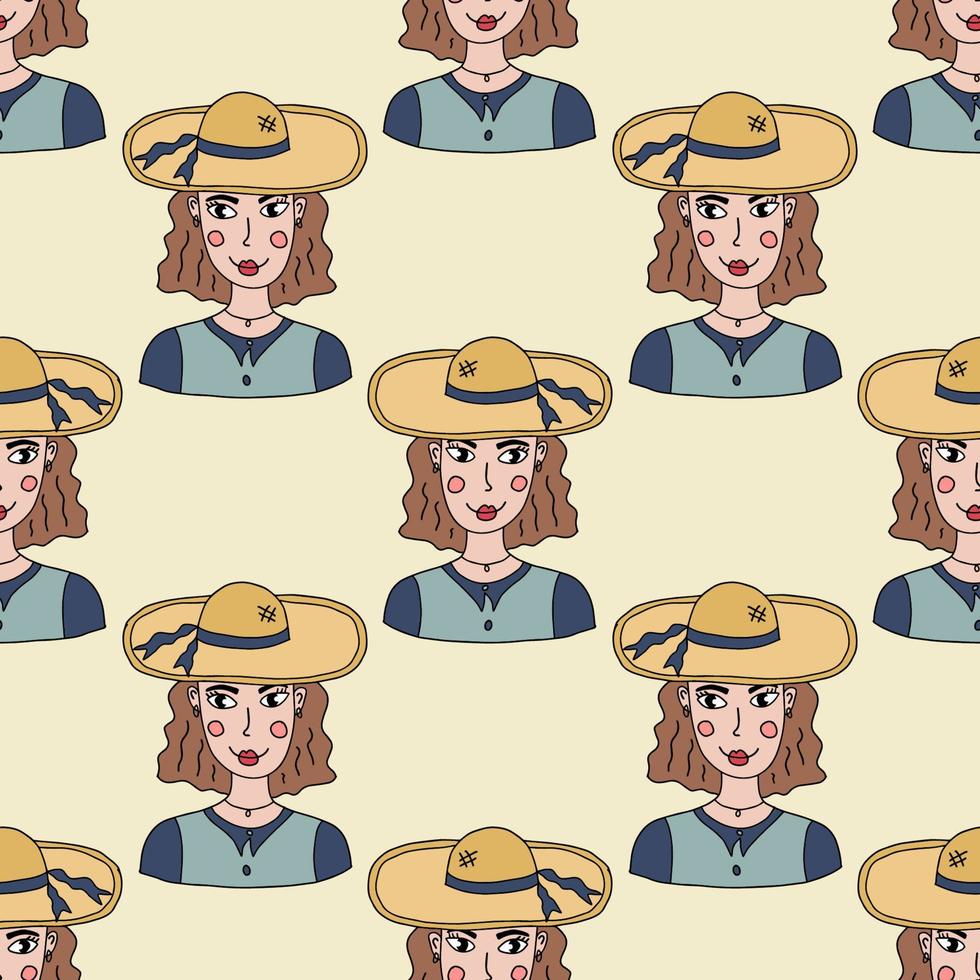 Cute cartoon abstract doodle girl portrait in the hat seamless pattern. Woman face background. vector