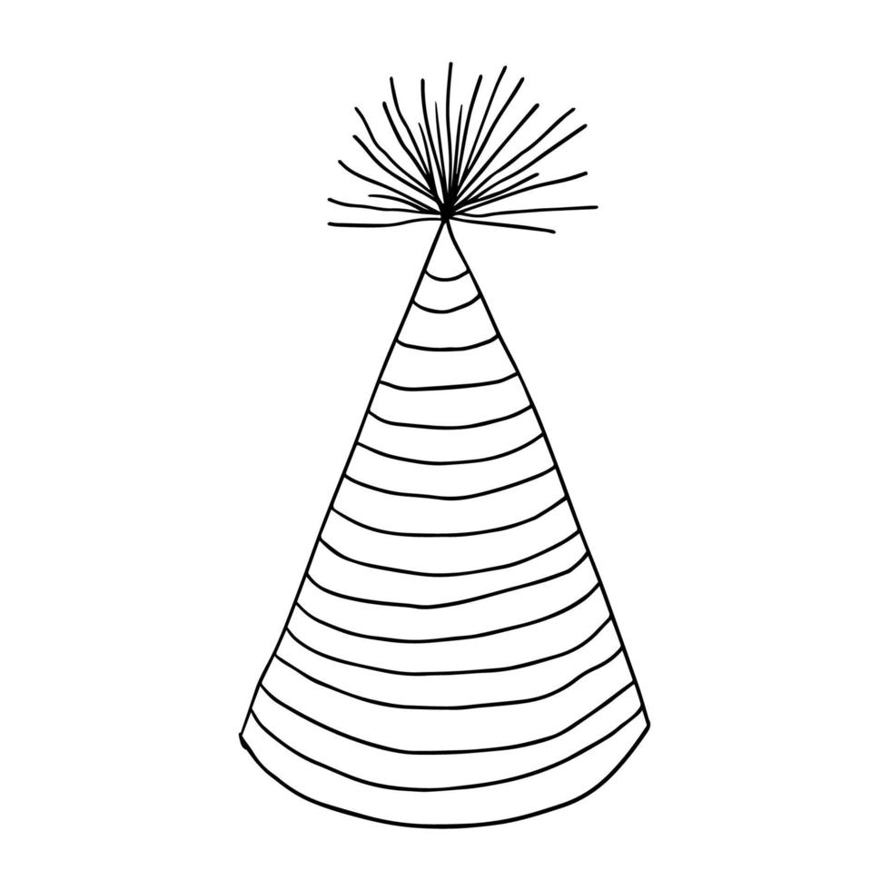 Cute doodle striped birthday party hat isolated on white background. vector