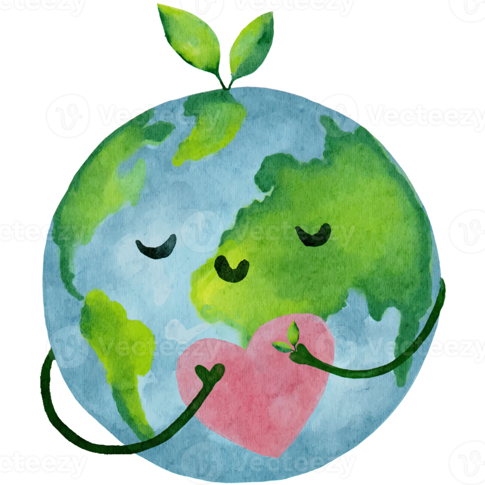 Earth Day, Watercolor paint International Mother Earth Day with Tree on Smile Globe hugging Pink Heart, Illustration Environmental problem, Environmental protection and Caring for Nature concept png