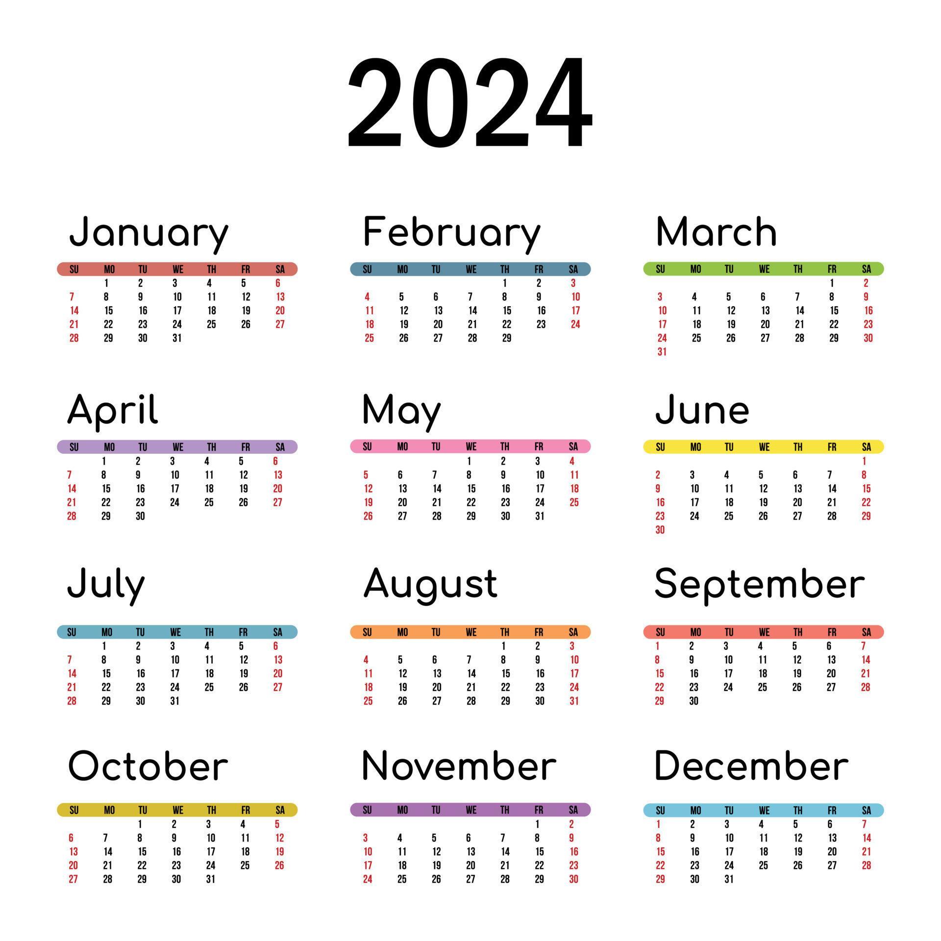 2024 calendar template vector, simple minimal design, 2024 planner