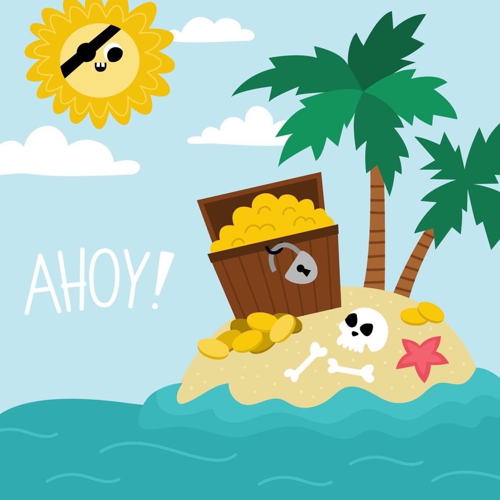 vector tesoro isla paisaje ilustración. pirata fiesta escena con deshabitado isla, tesoro pecho, palma arboles linda verano cuadrado antecedentes. marina imagen para niños con ahoy firmar