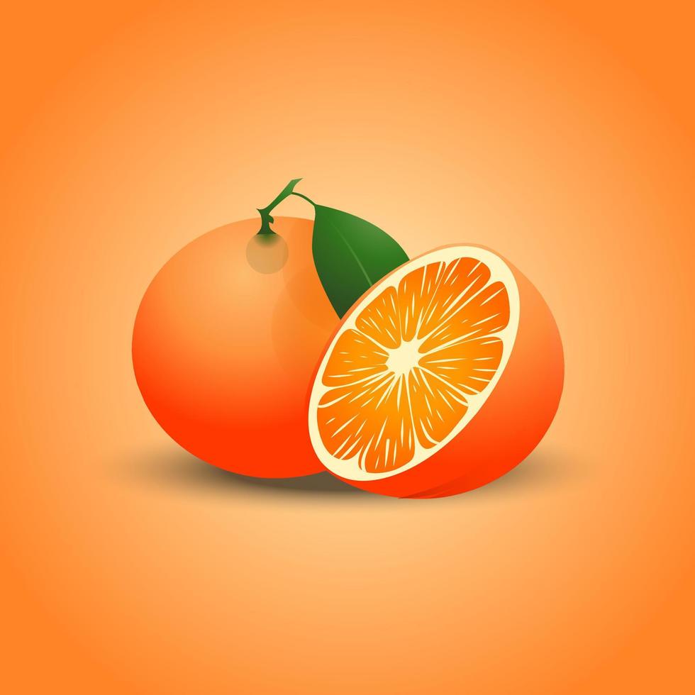 Orange with sliced and green leaves isolated on white background, relistic orange with Green leaf, 3D vector orange