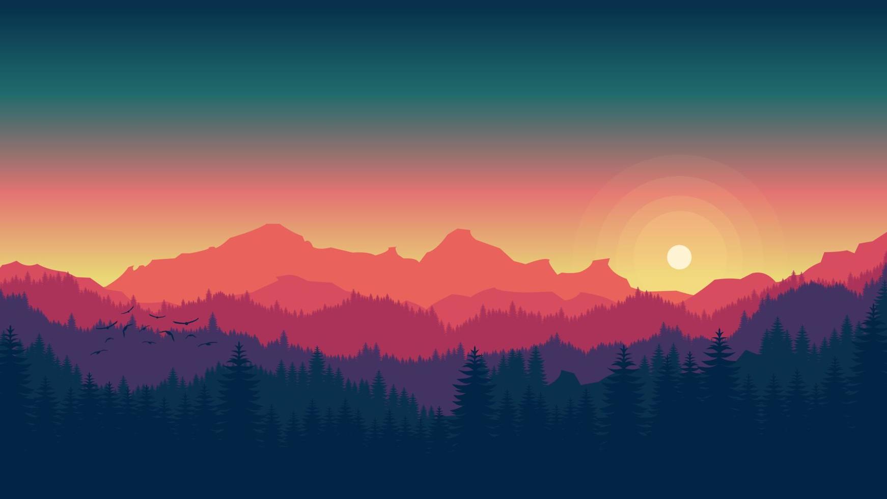 Sunset mountains landscape background, colorful gradation sky, flat mountain background vector