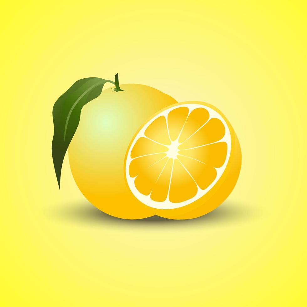 Realistic lemon with green leaf, sour fresh fruit, bright yellow peel, lemons vector illustration isolated