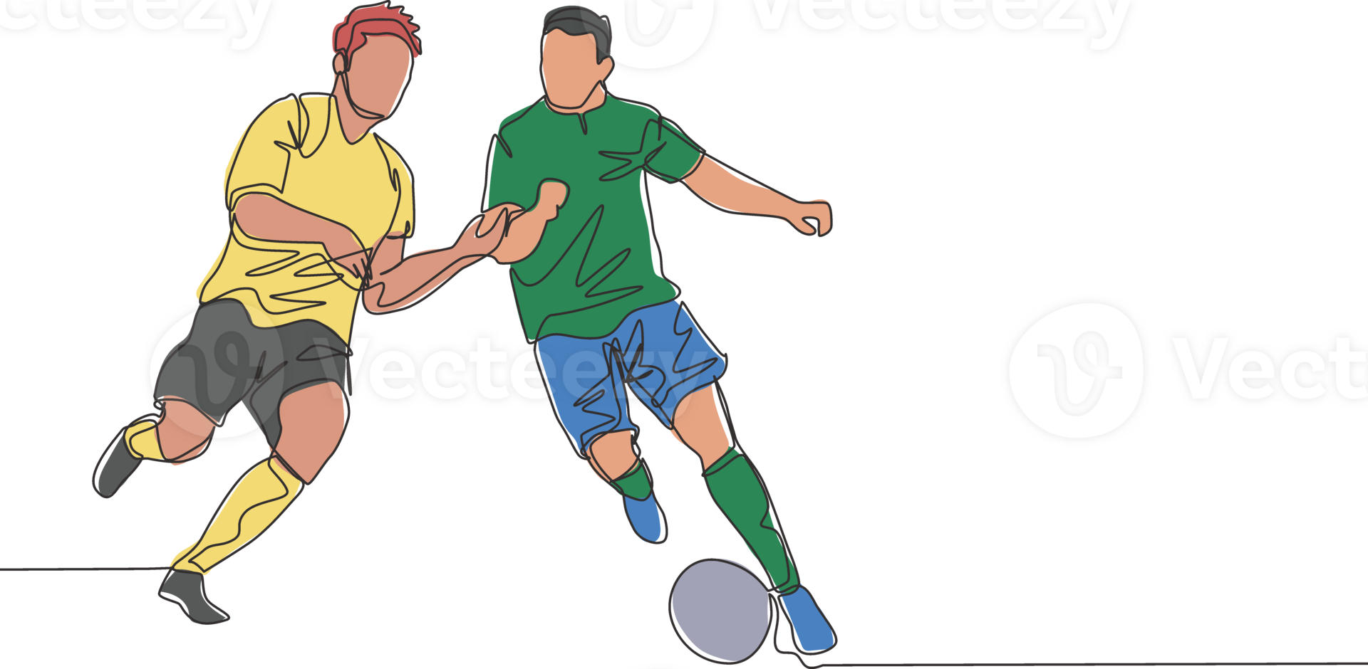 Single continuous line drawing of young energetic football player defending the ball from opponent player who want to seized it. Soccer match sports concept. One line draw design vector illustration png