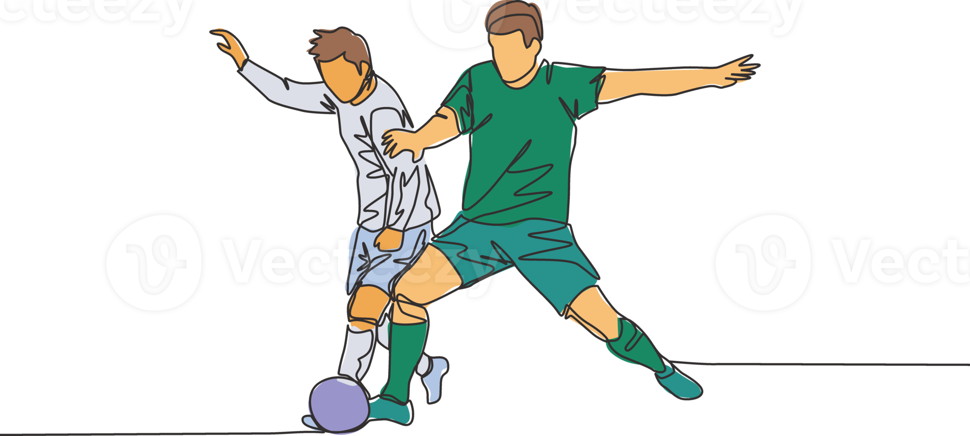 singolo continuo linea disegno di giovane energico calcio giocatore combattente per il palla a il concorrenza gioco. calcio incontro gli sport concetto. uno linea disegnare design vettore illustrazione png