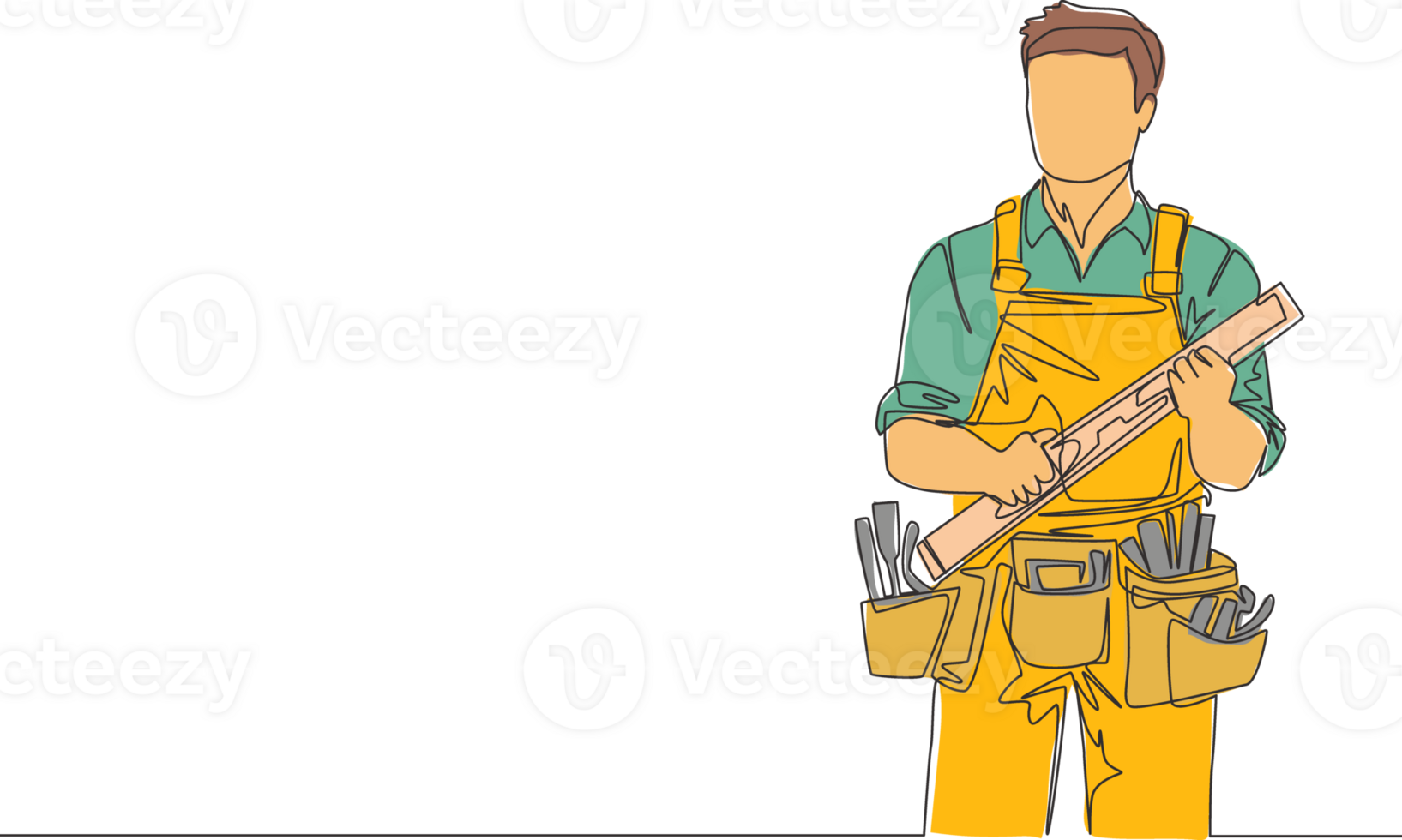 single doorlopend lijn tekening van jong klusjesman vervelend gebouw bouw uniform terwijl Holding geest niveau. vakman huis reparatie onderhoud concept. een lijn trek ontwerp illustratie png