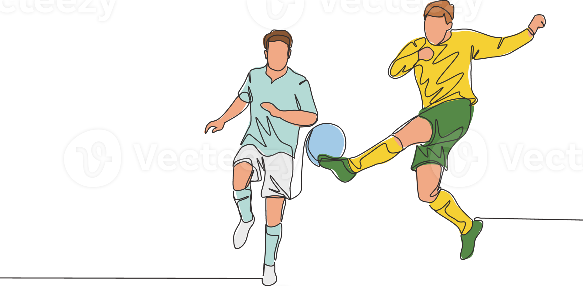 einer kontinuierlich Linie Zeichnung von jung energisch Fußball Spieler tun Ball Spielraum zu behalten seine Bereich sicher von Gegner Attacke. Fußball Spiel Sport Konzept. Single Linie zeichnen Design Vektor Illustration png