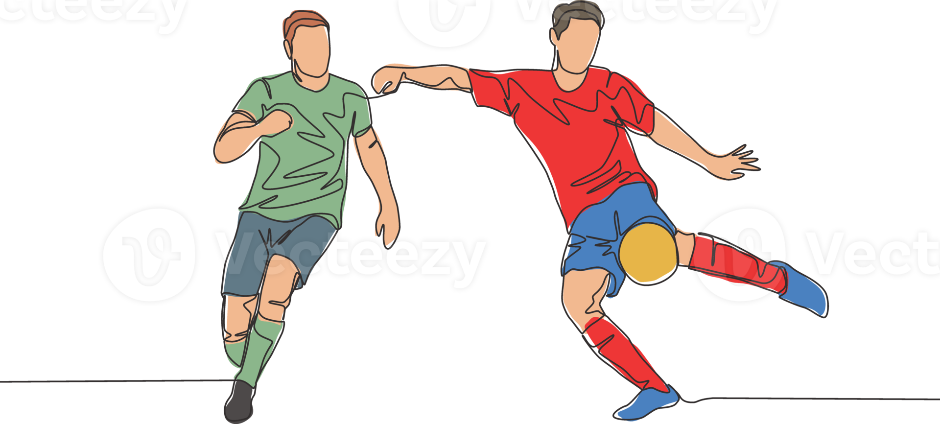 einer kontinuierlich Linie Zeichnung von jung energisch Stürmer treten das Ball aber das Verteidiger Versuchen zu Block das schießen. Fußball Spiel Sport Konzept. Single Linie zeichnen Design Vektor Illustration png