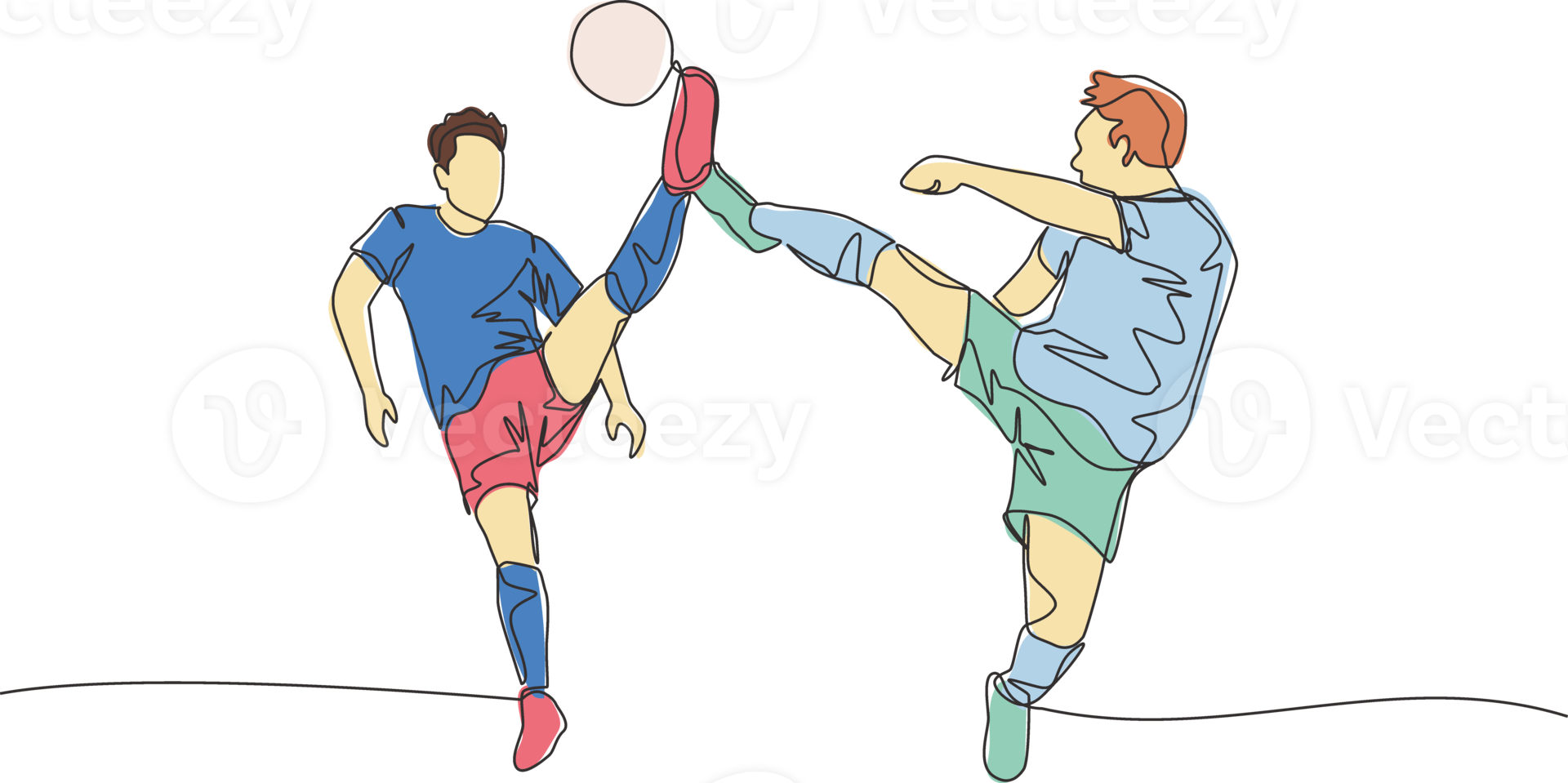 Single kontinuierlich Linie Zeichnung von zwei jung energisch Gegenteil Fußball Spieler trete das Ball zusammen zu erhalten das Ball. Fußball Spiel Sport Konzept. einer Linie zeichnen Design Vektor Illustration png