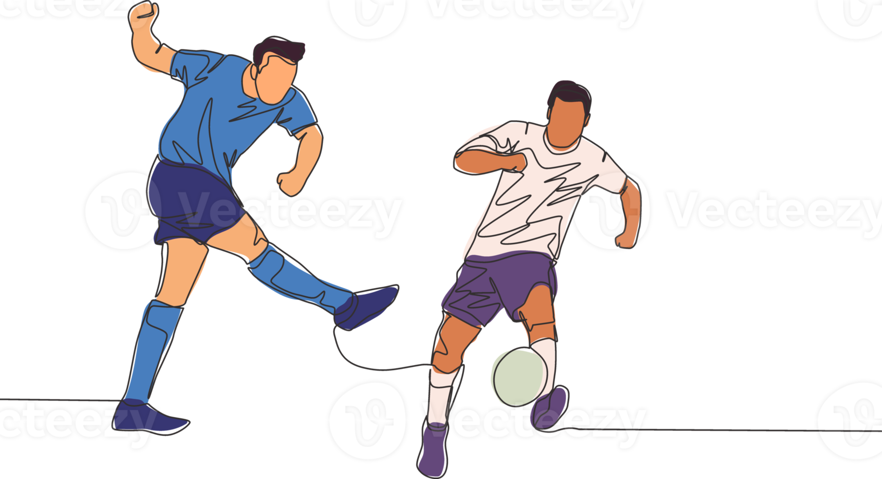 One continuous line drawing of young football striker shooting the ball and the defender blocking the ball. Soccer match sports concept. Single line draw design vector illustration png