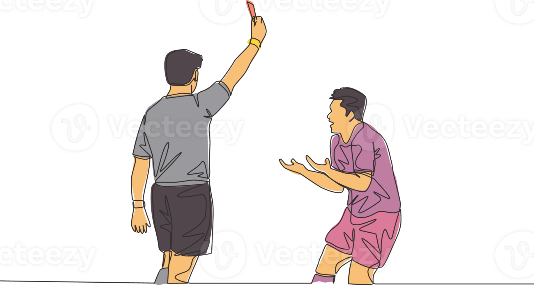 Single continuous line drawing of referee punished young football player a yellow card to his foul at the game. Soccer match sports concept. One line draw design vector illustration png