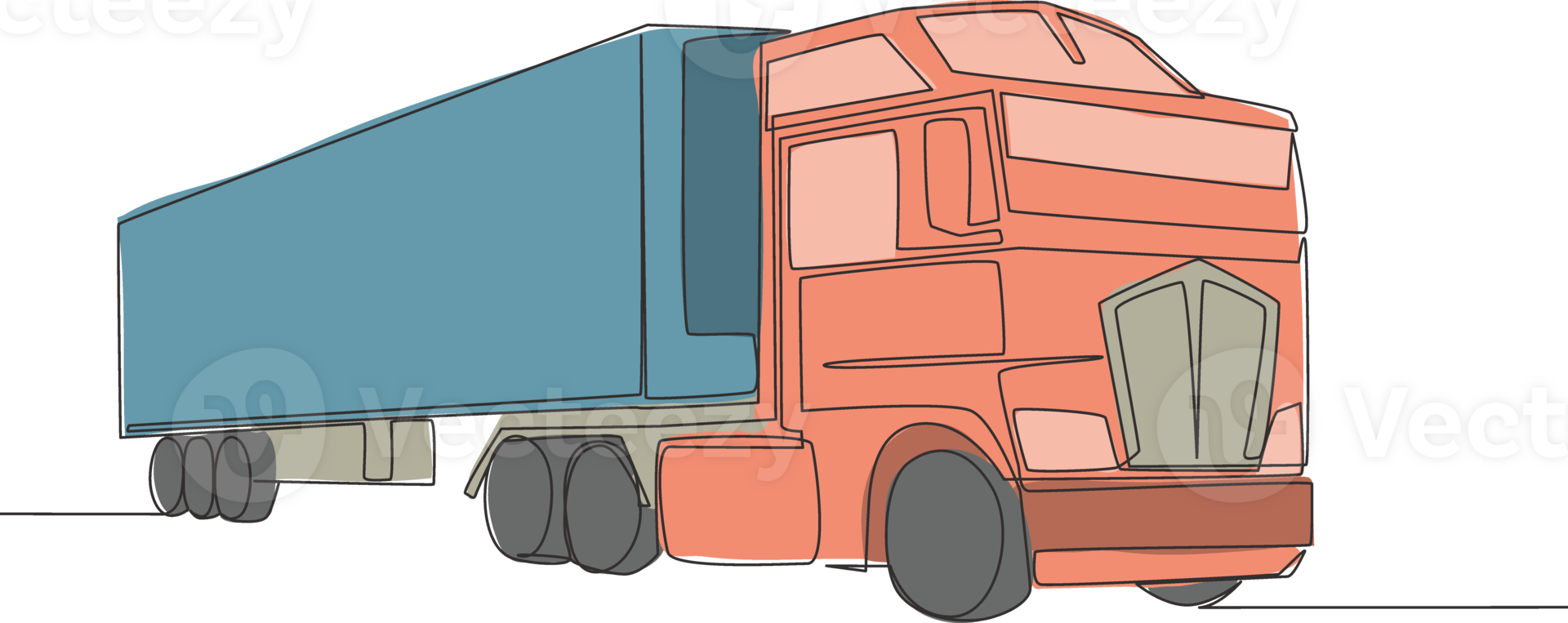 One line drawing of modern big trailer truck with container. Courier cargo delivering vehicle transportation concept. Single continuous line draw design png