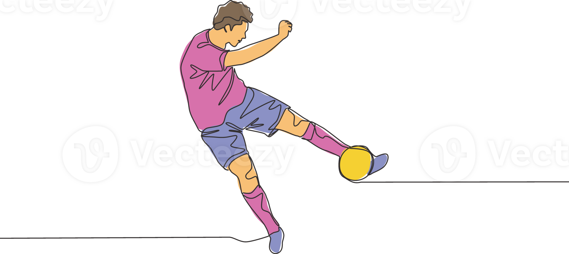 One continuous line drawing of young talented football player shooting the ball with first time kick technique. Soccer match sports concept. Single line draw design vector illustration png