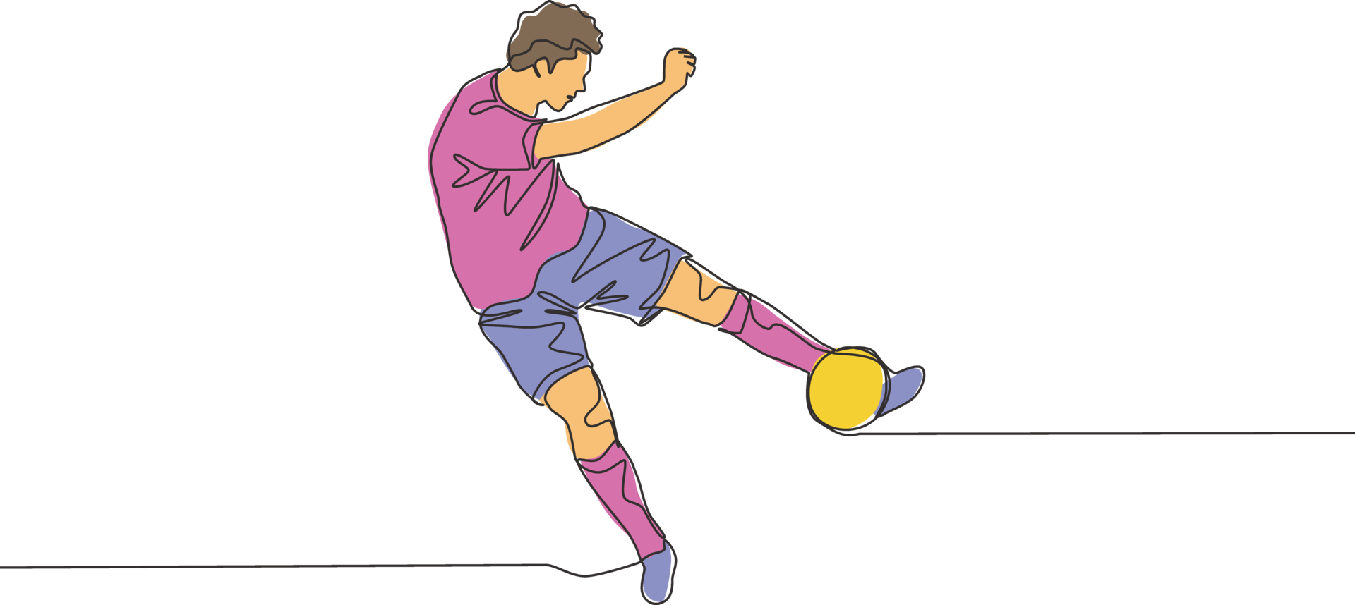 One continuous line drawing of young talented football player shooting