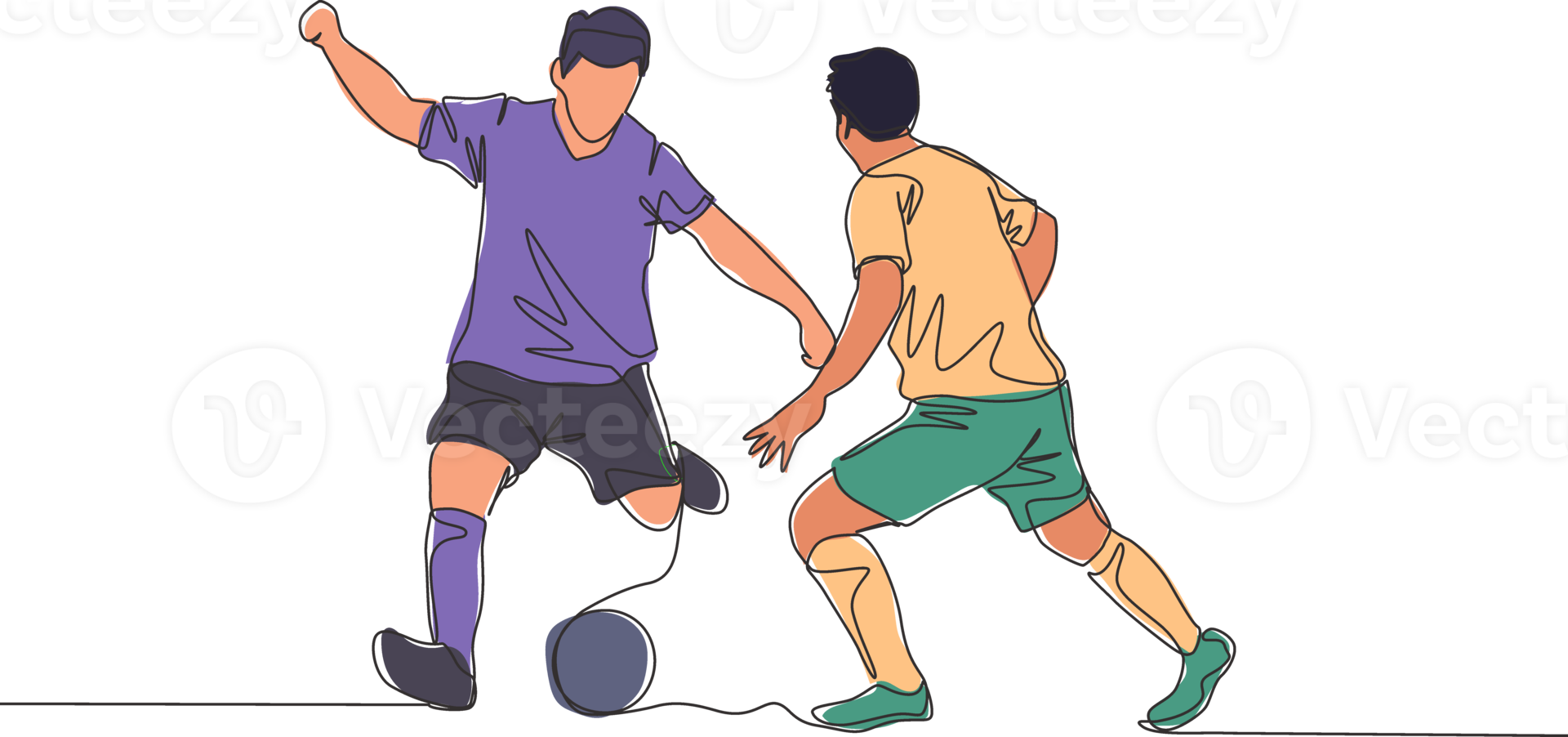 One continuous line drawing of young energetic football striker dribbling ball pass the opponent defender. Soccer match sports concept. Single line draw design vector illustration png