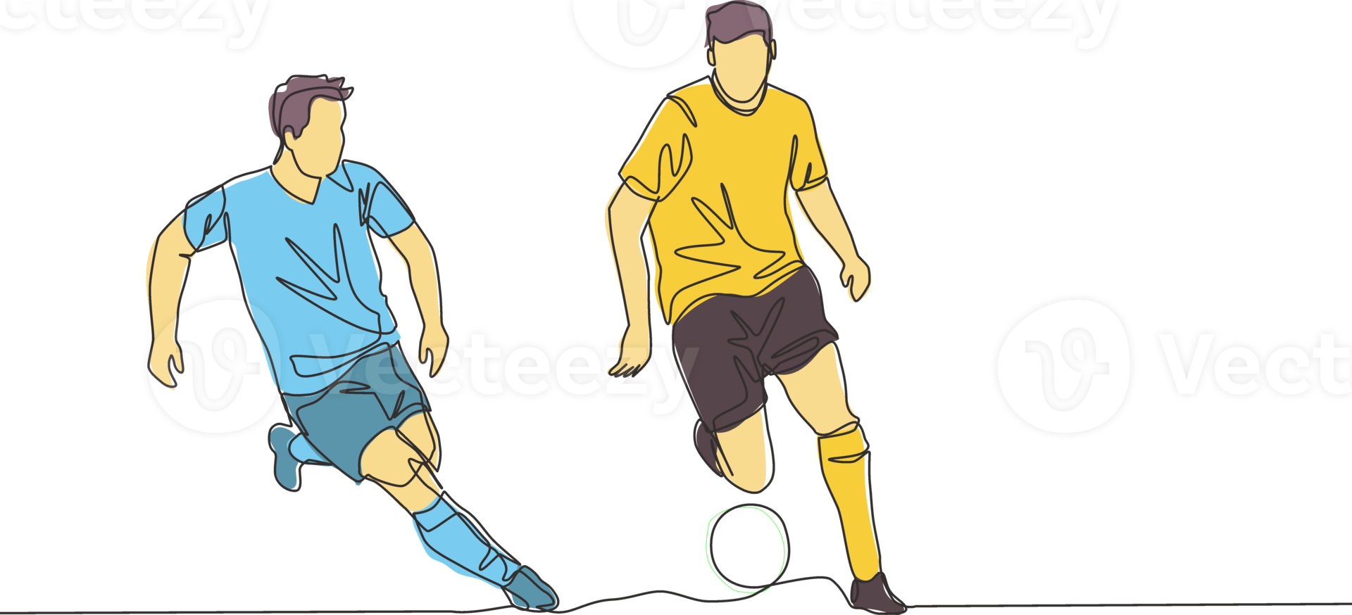 Single continuous line drawing of young energetic football player chasing opponent player who dribbled the ball passing him. Soccer match sports concept. One line draw design vector illustration png