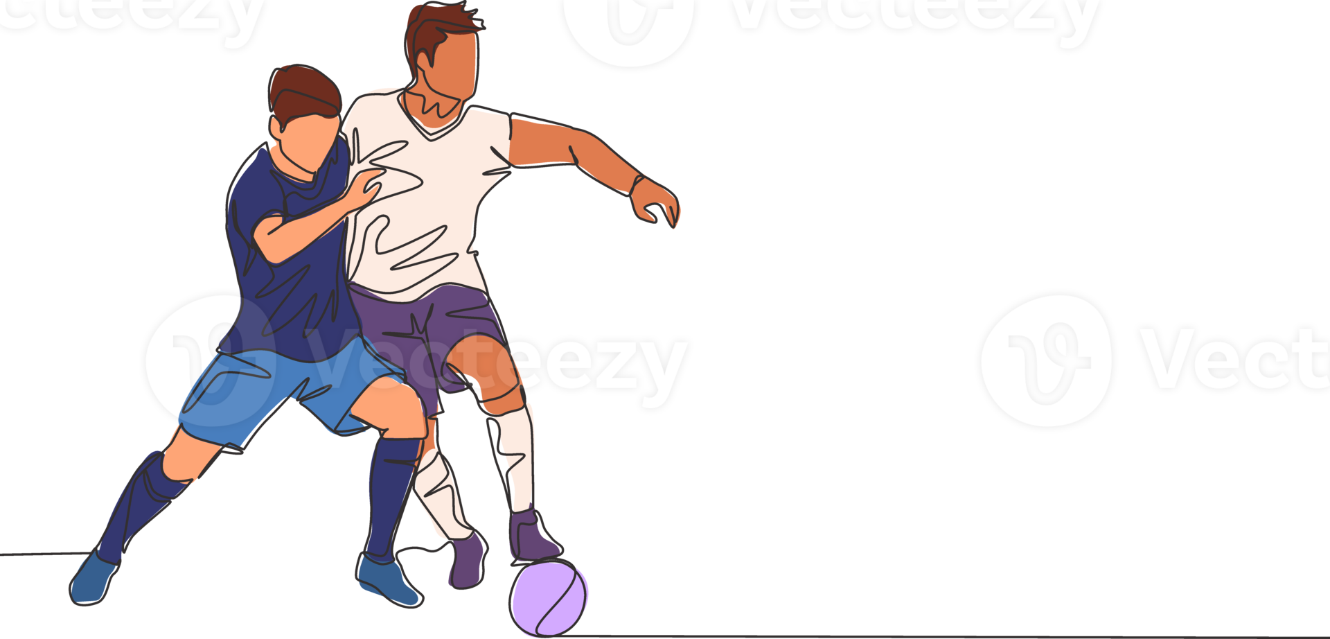 1 contínuo linha desenhando do dois jovem enérgico futebol jogador brigando para a bola às a jogo. futebol Combine Esportes conceito. solteiro linha desenhar Projeto vetor ilustração png