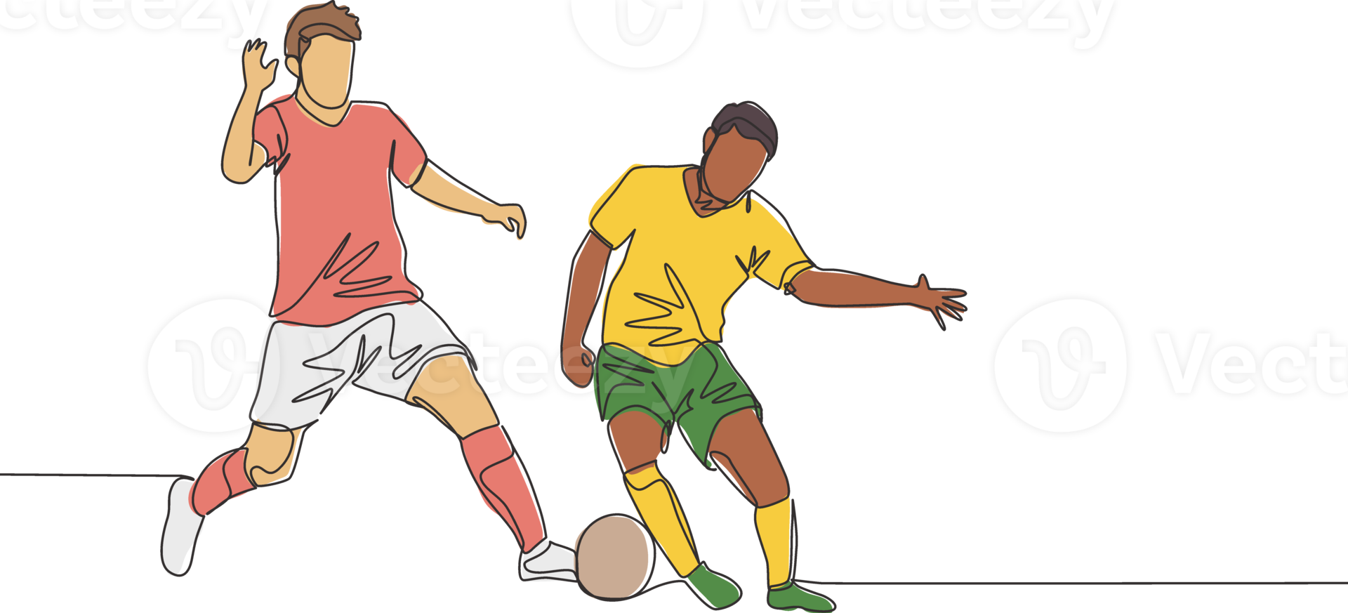 Single continuous line drawing of young energetic football player dribbling pass opponent player and running to the rival area. Soccer match sports concept. One line draw design vector illustration png