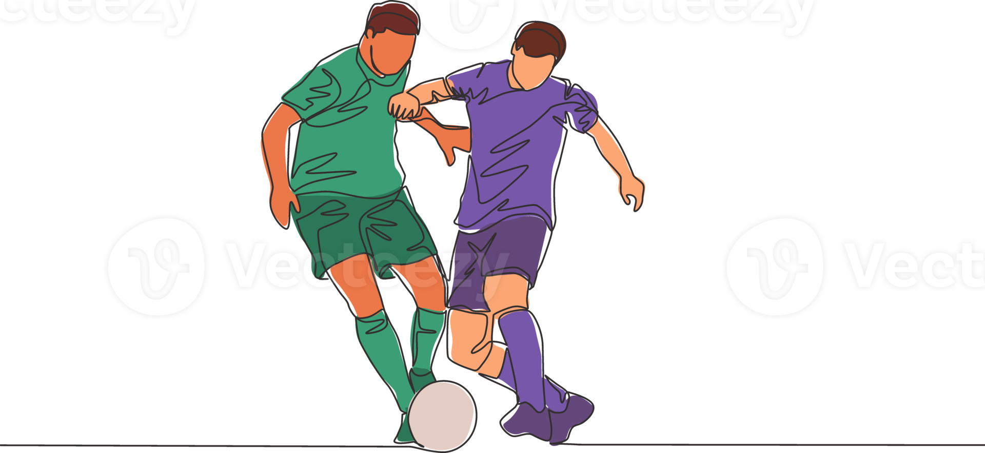 One continuous line drawing of young energetic football player try to pass opponent defender and score the ball to the goal. Soccer match sports concept. Single line draw design vector illustration png