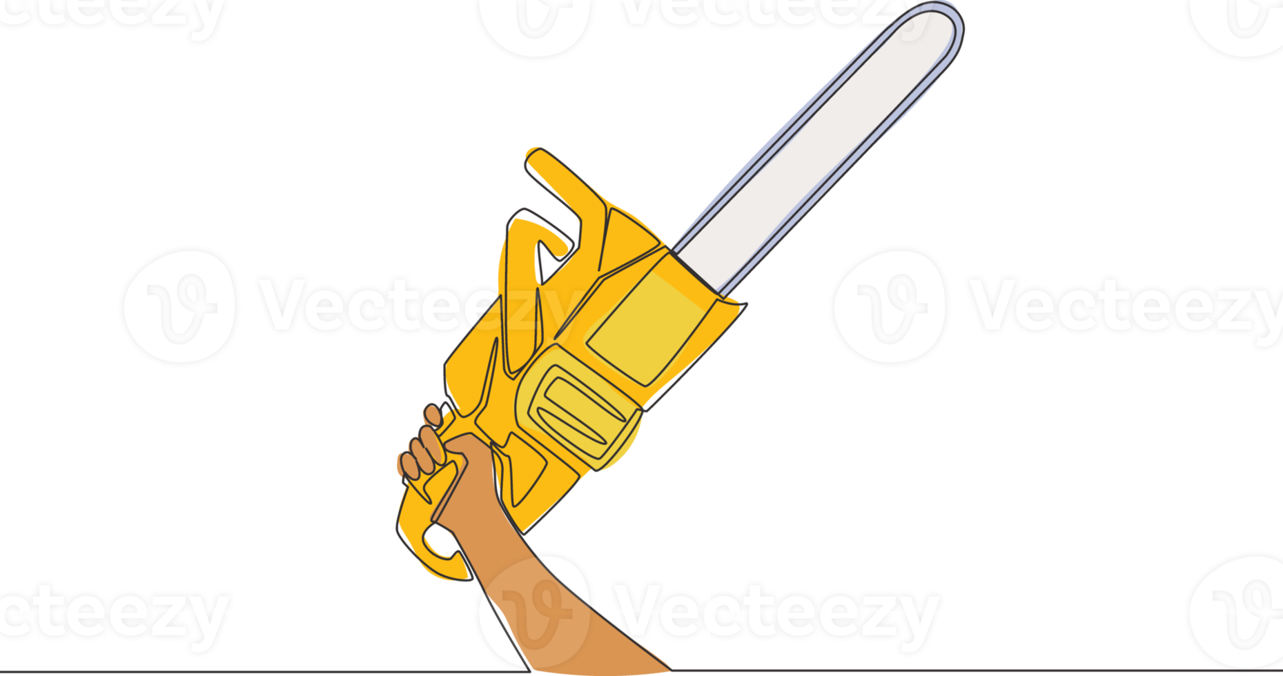 ett kontinuerlig linje teckning av man innehav motorsåg. snickare verktyg begrepp. enda linje dra vektor design illustration png