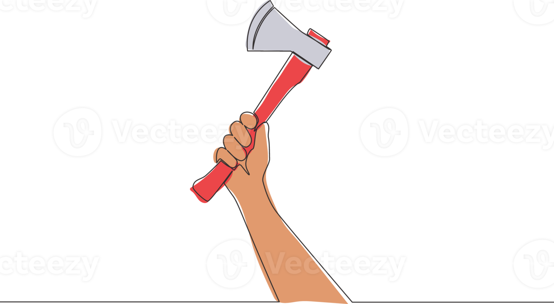 One single line drawing of man holding hand axe. Carpenter tools concept. Continuous line draw vector design illustration png