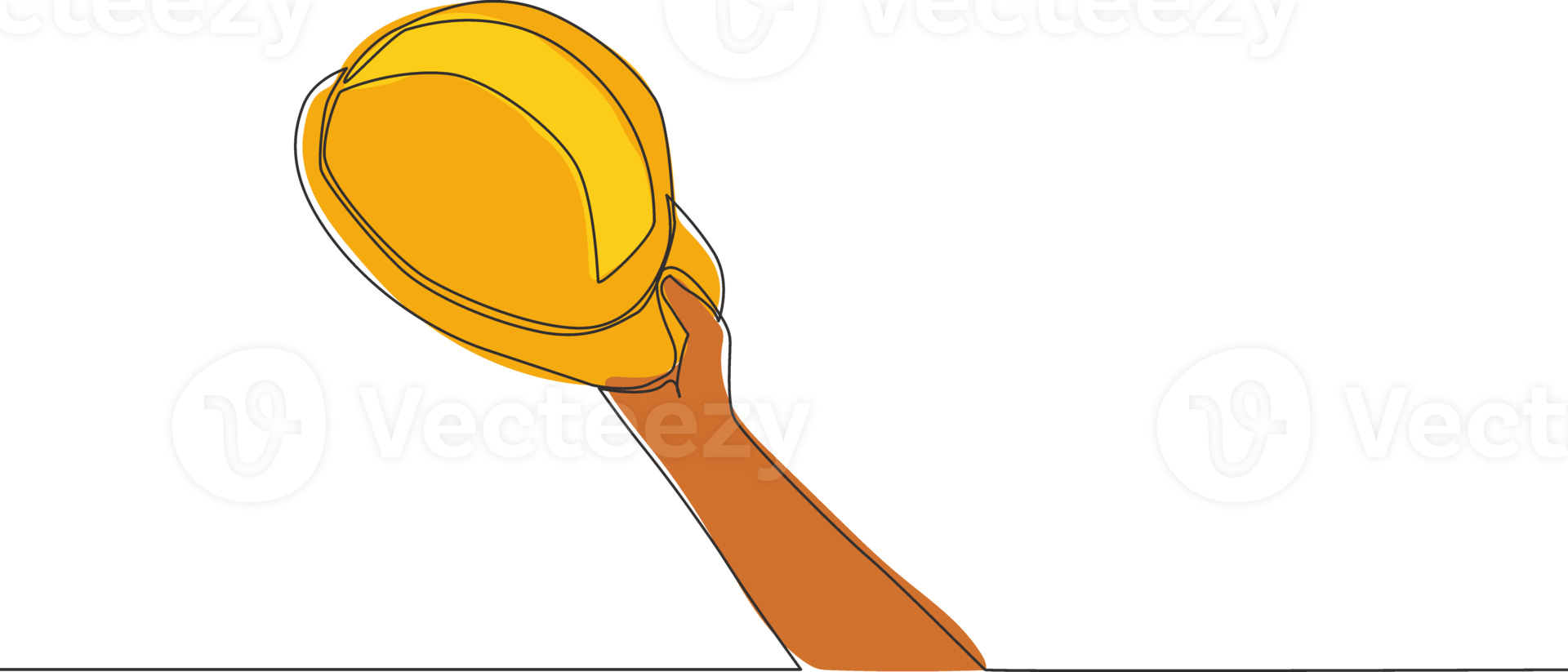 One single line drawing of man holding builder construction helmet. Worker safety tools concept. Continuous line draw vector design illustration png