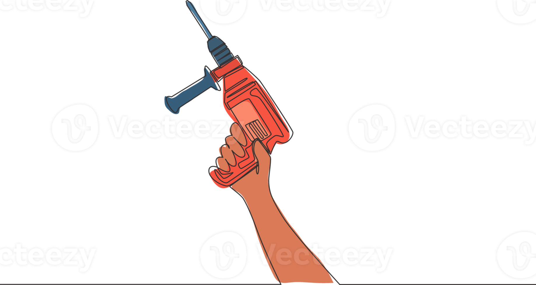 einer Single Linie Zeichnung von Mann halten elektrisch Hand bohren Maschine. Heimwerker Werkzeuge Konzept. kontinuierlich Linie zeichnen Vektor Design Illustration png