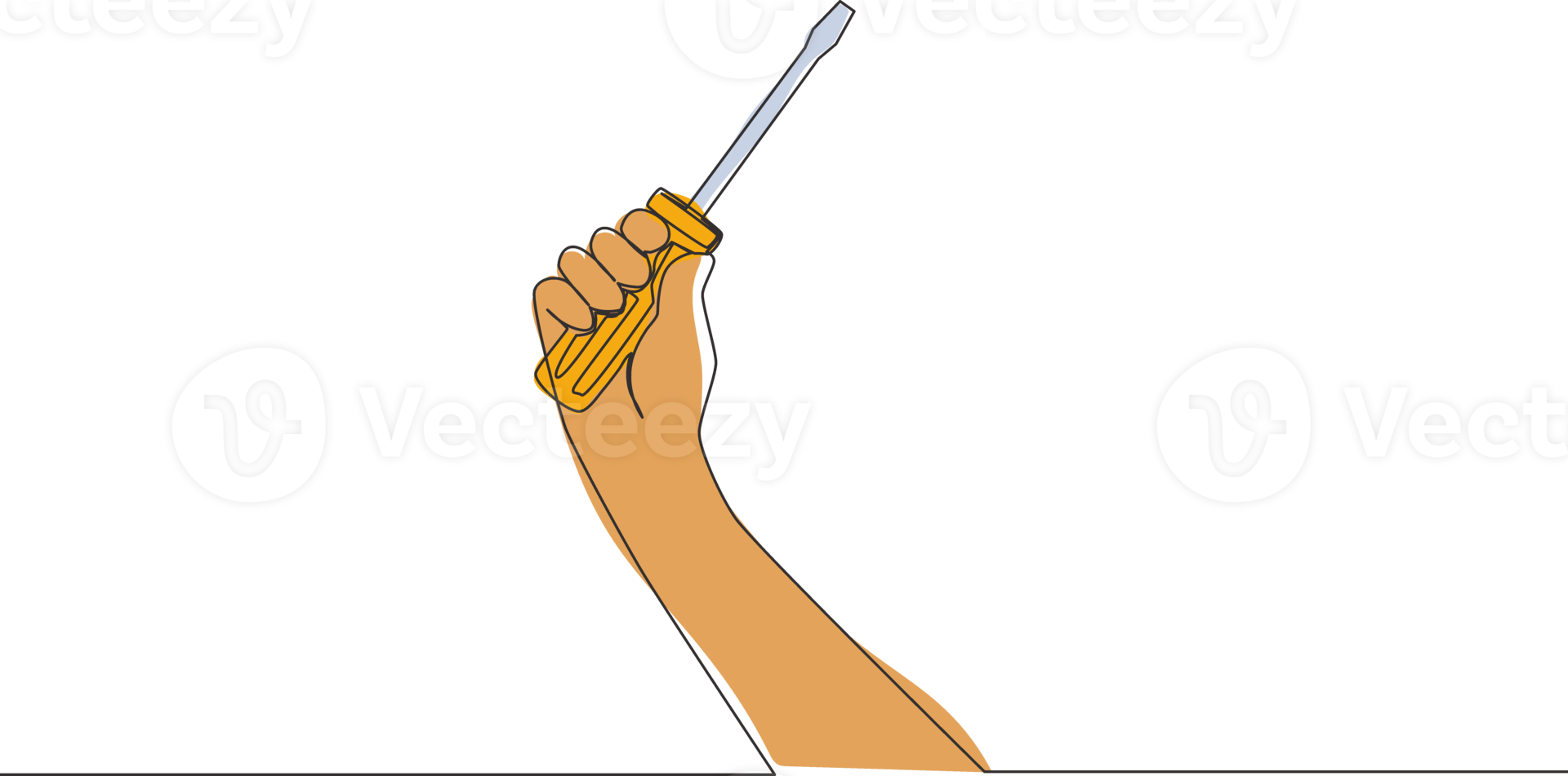 One continuous line drawing of man holding hand screwdriver. Single line draw vector design illustration png