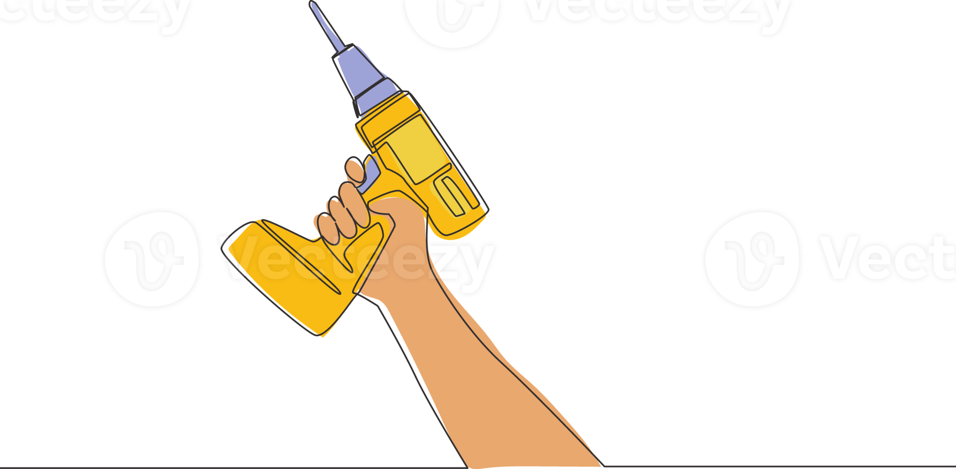 1 contínuo linha desenhando do homem segurando portátil broca máquina. faz-tudo Ferramentas conceito. solteiro linha desenhar vetor Projeto ilustração png