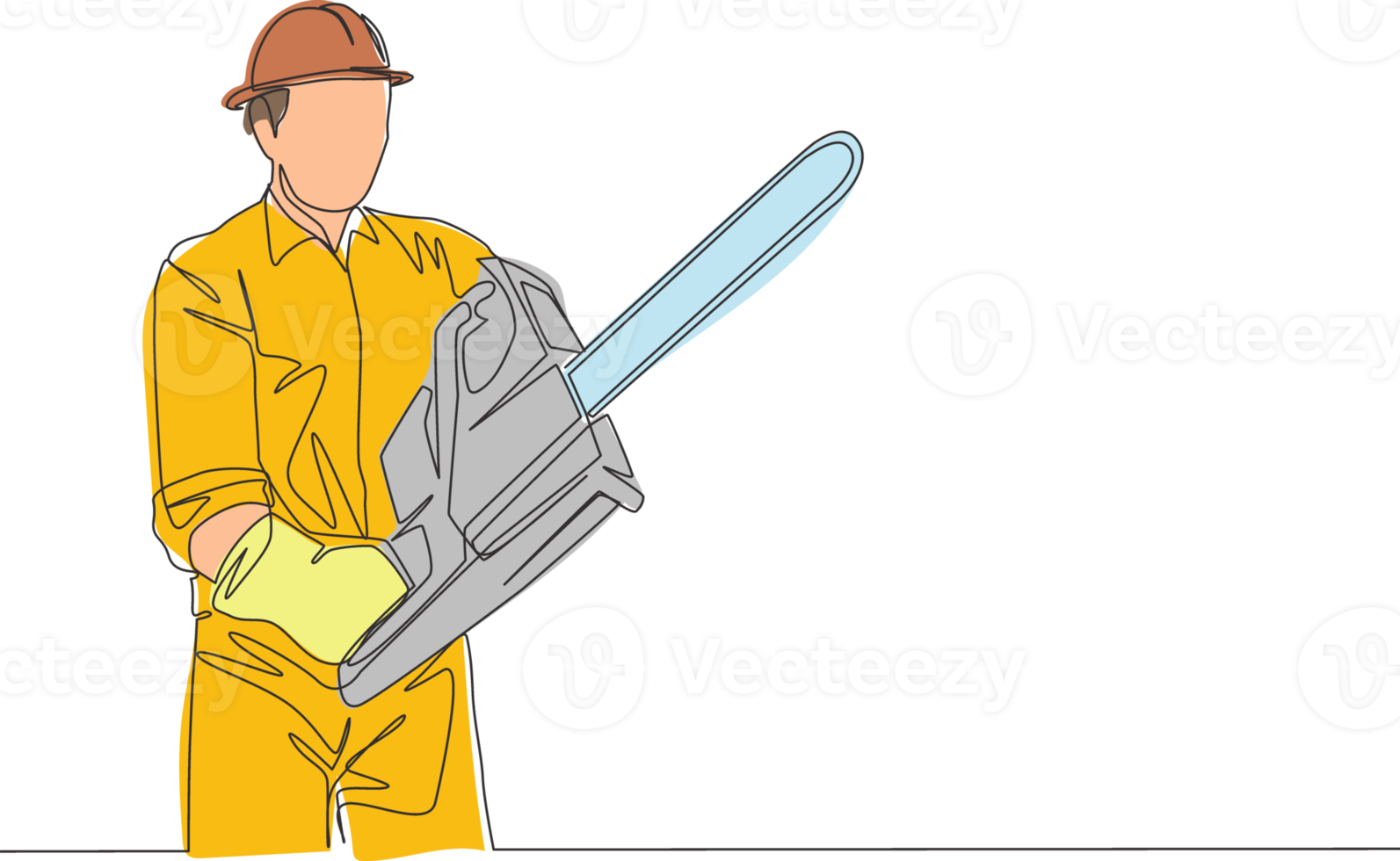 einer kontinuierlich Linie Zeichnung von jung attraktiv Holzarbeiter halten groß Kettensäge zu Schnitt das Baum. Holzfäller Schneiden Holz Konzept Single Linie zeichnen Design Illustration png