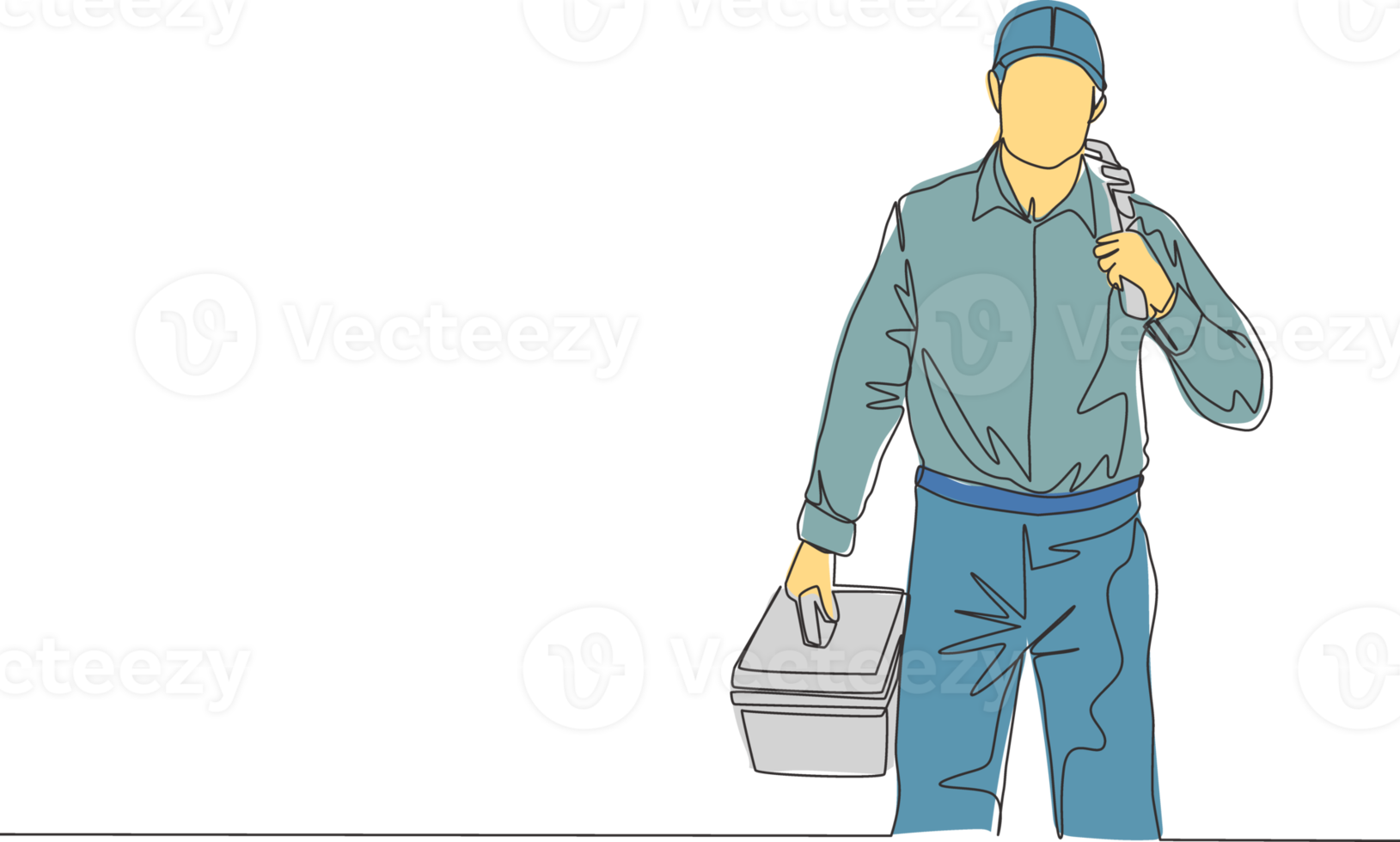 ett kontinuerlig linje teckning av ung attraktiv rörmokare bärande verktyg låda och redo till do Hem kök rör service. hus underhåll service begrepp enda linje dra design illustration png